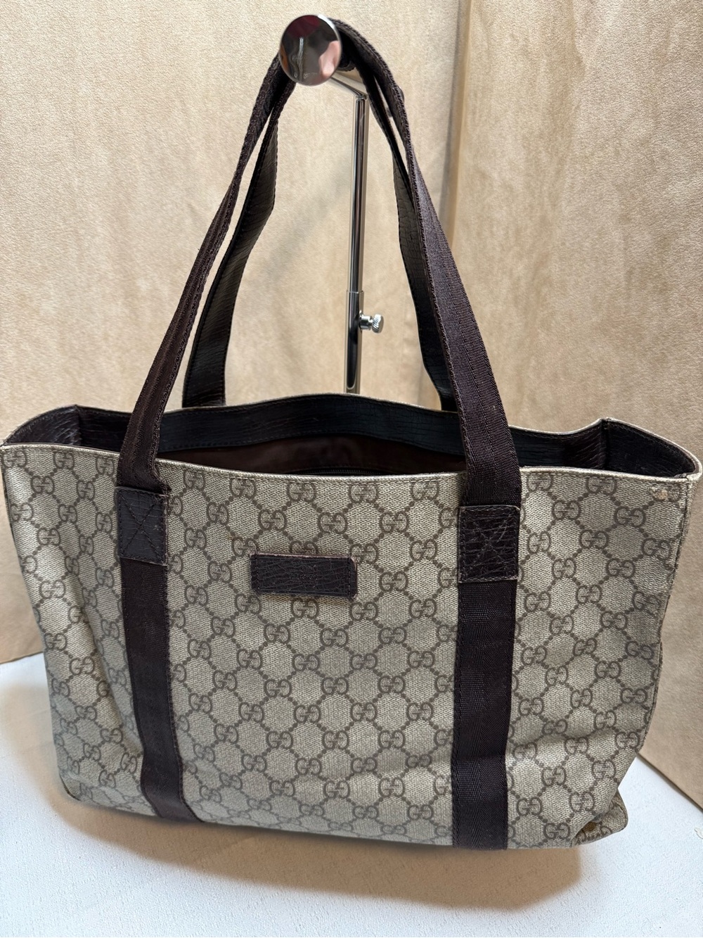 Gucci GG Supreme Monogram Canvas Tote Bag Brown Web Trim Shoulder Bag Vintage